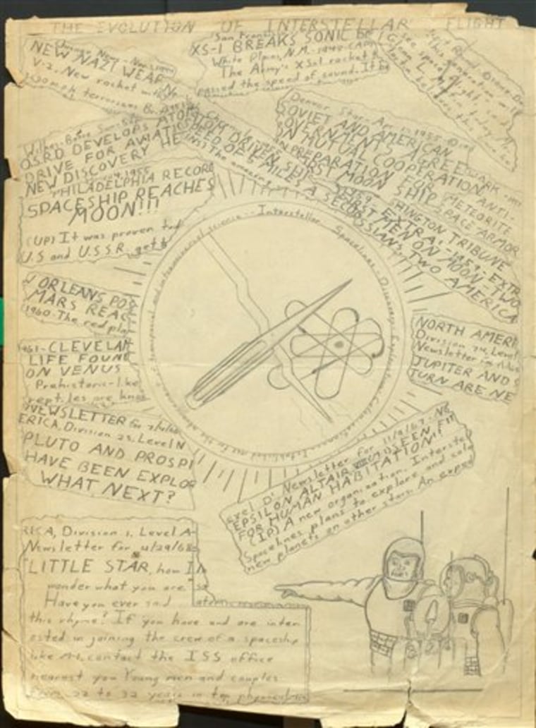 This undated handout photo provided by the Library of Congress shows a drawing of \"The Evolution of Interstellar Flight\" by the young Carl Sagan (c. 10-13 years old).  The Library of Congress has acquired the personal papers of the late scientist and astronomer Carl Sagan, thanks to the generosity of a well-heeled admirer: “Family Guy” creator Seth MacFarlane. The writer, director and actor is working on a follow-up to Sagan’s acclaimed “Cosmos” miniseries, which introduced a mass audience to the mysteries of the universe and the origins of life. MacFarlane says he was profoundly influenced by “Cosmos” and wants to draw attention to the need for continued exploration of space and study of astronomy.  (AP Photo/Library of Congress)
